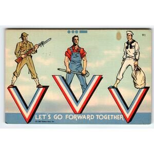 V Large Letter Postcard Victory Let's Go Forward Together Soldier Sailor Worker